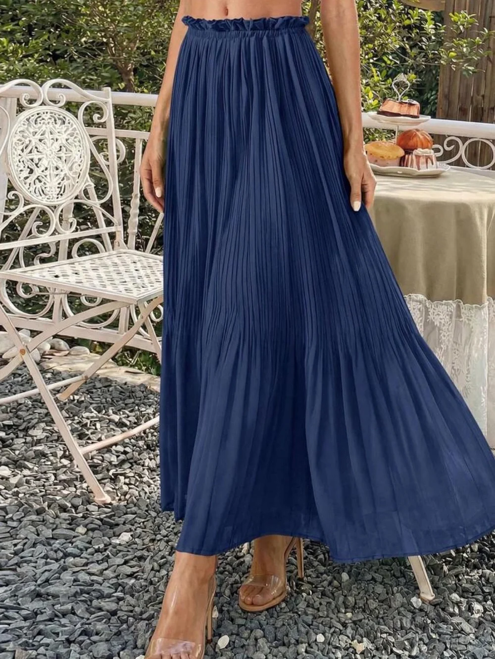Pleated Navy Blue Maxi Skirt - Elegant Women's Skirt